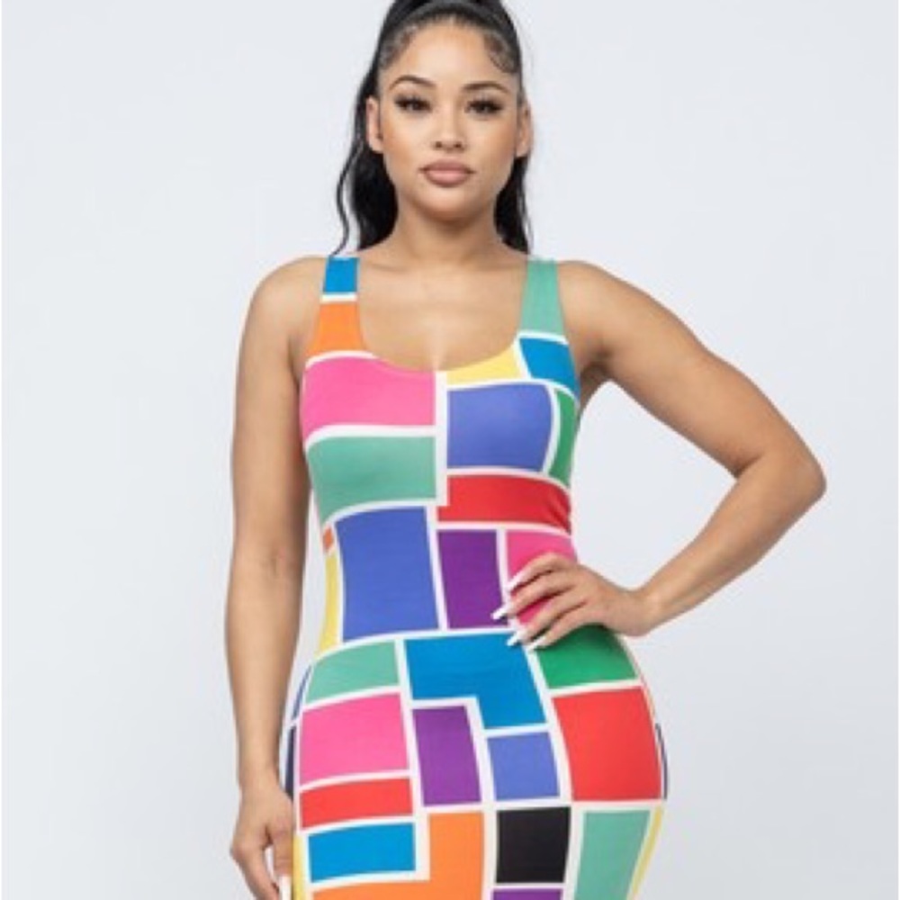 Women's Color Blocked Print Bodycon Tank Midi Dress